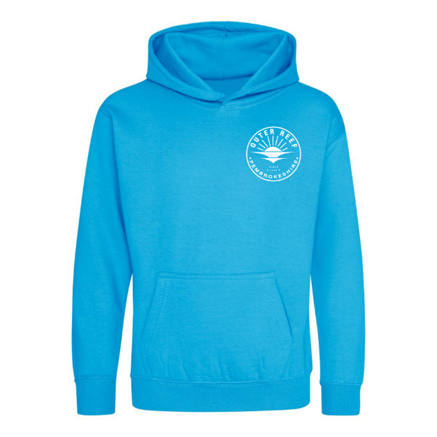 Outer Reef Unisex Kids Hoodie in Blue with kangaroo pocket and hood