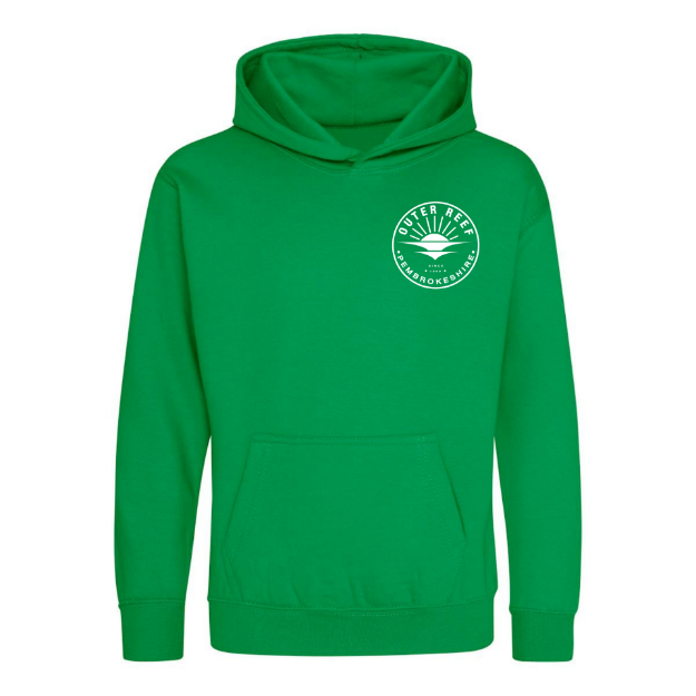 Outer Reef Unisex Kids Hoodie in Green with kangaroo pocket and hood