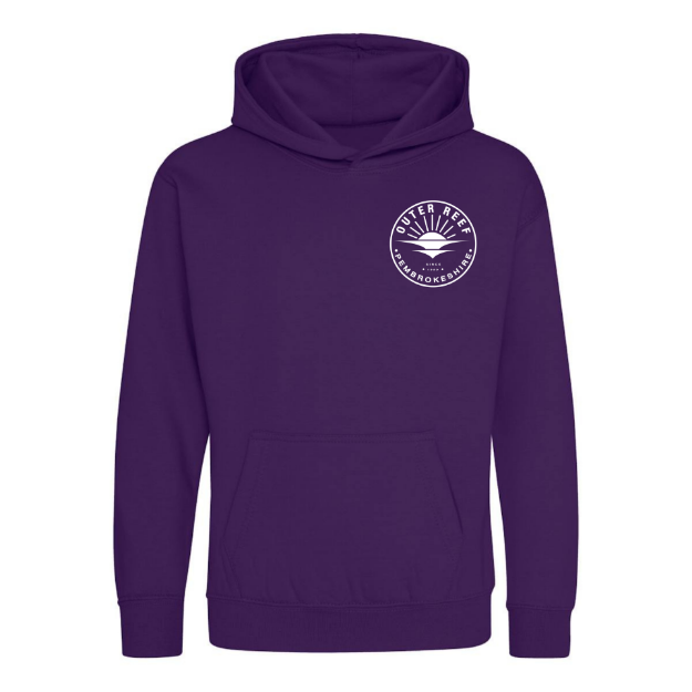 Outer Reef Unisex Kids Hoodie in Purple with kangaroo pocket and hood