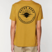 Back view of man wearing Outer Reef Unisex T-Shirt in Ochre with circular Outer Reef Logo printed centrally in black