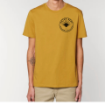 Front view of man wearing Outer Reef Unisex T-Shirt in Ochre with circular Outer Reef Logo printed in the left pocket position in black